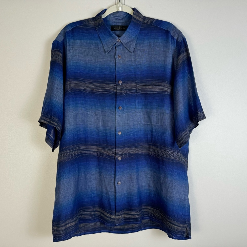 Bugatchi Uomo Mens 100% Linen Striped Short Sleeve Blue Button Down Shirt Large